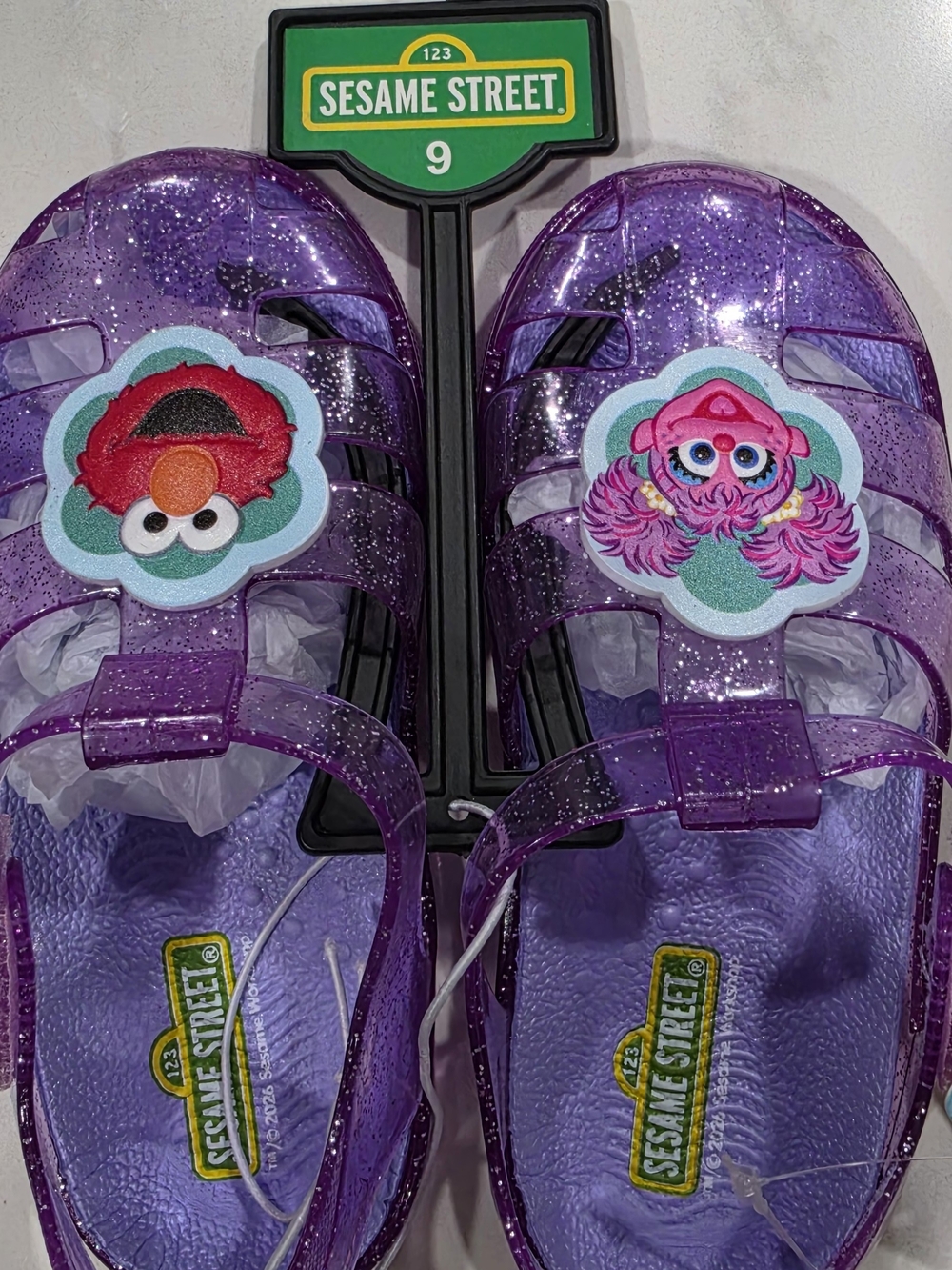 Sesame Street Glitter Purple Jelly Sandals with Character Badges